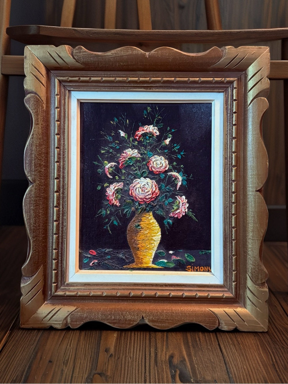 Vintage 1970 Floral Impasto Oil Painting - Signed Simony - Framed Still Life